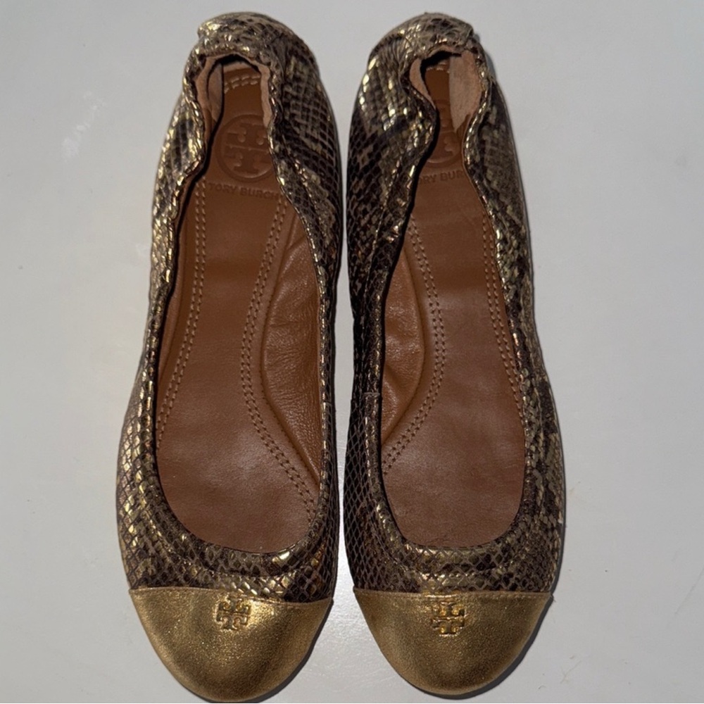 Tory Burch Metallic Gold and Brown Snakeskin Flats